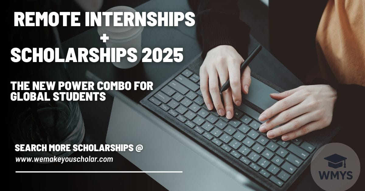 A student sitting at home on a laptop while participating in a remote internship and working on a scholarship application.