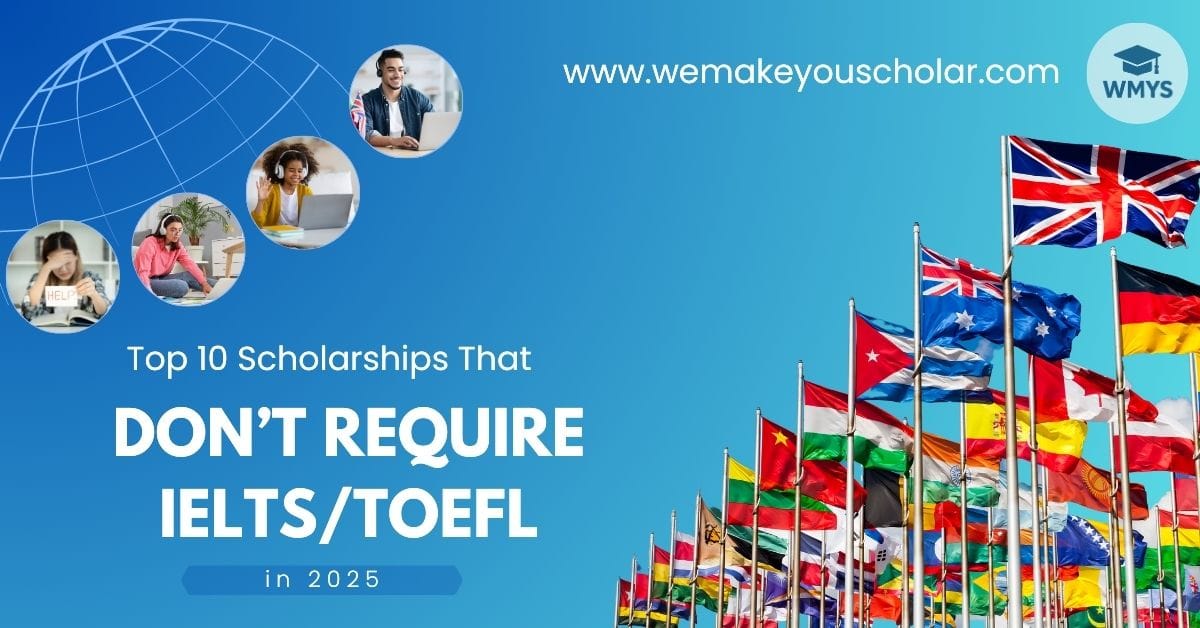 International student celebrating scholarship acceptance without the need for IELTS/TOEFL requirements.