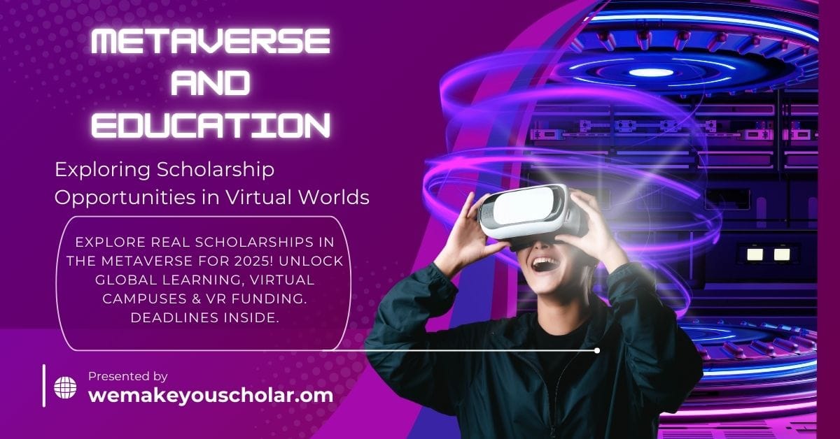Student wearing VR headset to attend virtual classroom within futuristic 3D metaverse setting.