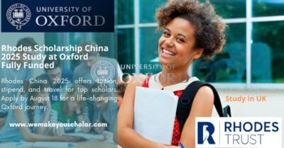 A self-assured Chinese student in front of the University of Oxford, representing scholarly achievement and promise.