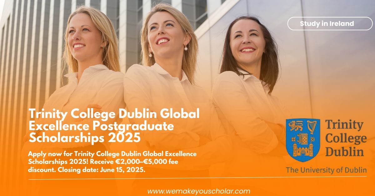 Trinity College Dublin campus with international students in hand with scholarship acceptance letters