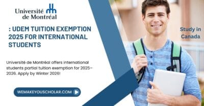 International students at Université de Montréal campus, smiling as they hold brochures for scholarships