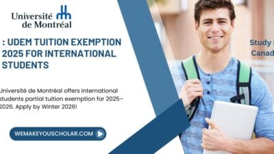 International students at Université de Montréal campus, smiling as they hold brochures for scholarships