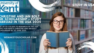 Postgraduate student reading in a library, representing UK-USA academic exchange for Christine and Ian Bolt Scholarship 2025.