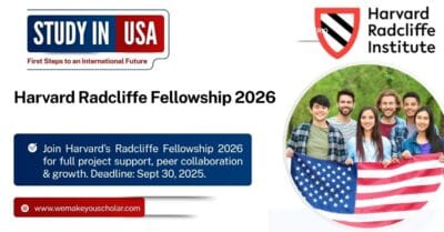 Harvard Radcliffe Institute building with scholars strolling on campus in fall