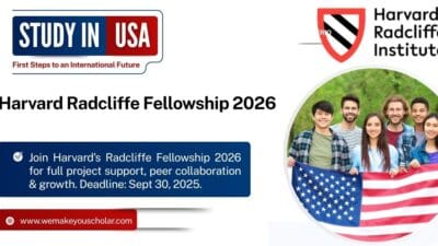 Harvard Radcliffe Institute building with scholars strolling on campus in fall