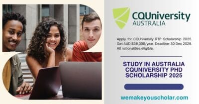 International student researching in library with laptop and books – representing CQUniversity RTP PhD Scholarship.