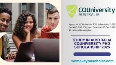 International student researching in library with laptop and books – representing CQUniversity RTP PhD Scholarship.