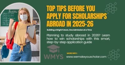 Student searching for scholarships overseas with computer and papers, organizing study overseas application timelines.