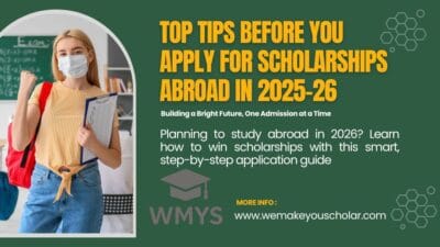 Student searching for scholarships overseas with computer and papers, organizing study overseas application timelines.